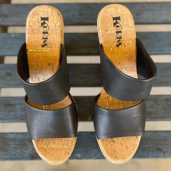 Korks Dezi Womens Platform Sandals 11M Black Leather Slip-On Cork Heel Open Toe - Picture 6 of 10